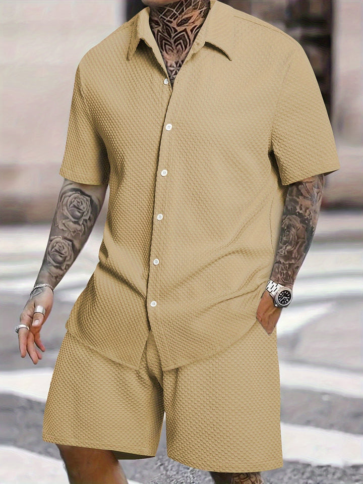 Men's Summer Set | Revere Collar Shirt & Drawstring Shorts | Solid Colour | Casual