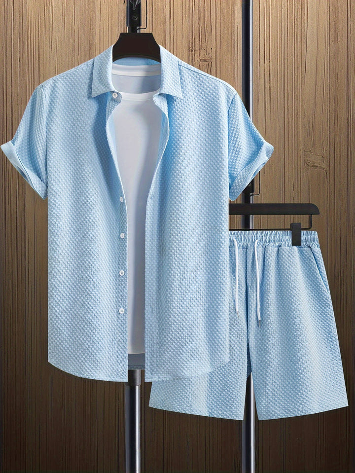 Men's Summer Set | Revere Collar Shirt & Drawstring Shorts | Solid Colour | Casual