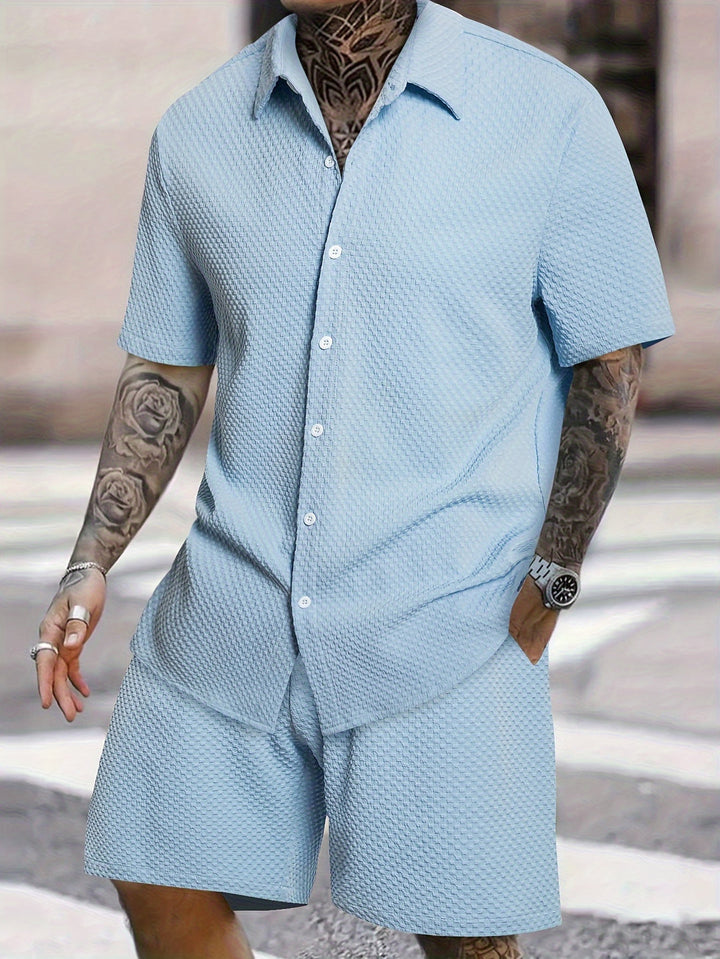 Men's Summer Set | Revere Collar Shirt & Drawstring Shorts | Solid Colour | Casual