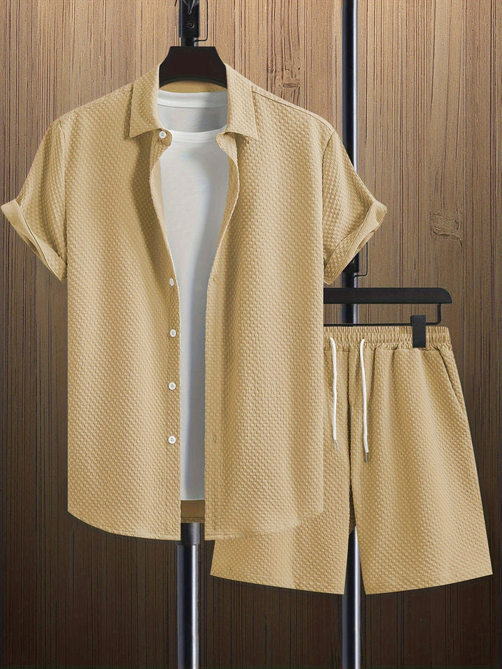 Men's Summer Set | Revere Collar Shirt & Drawstring Shorts | Solid Colour | Casual