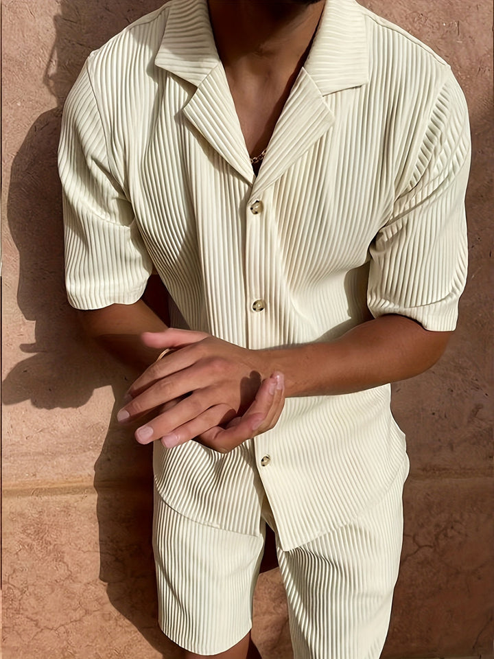 Men's Summer Set | Striped & Breathable | Short Sleeves & Drawstring | Polyester