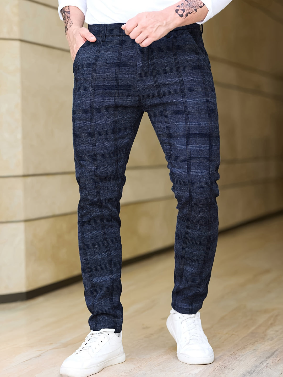 Men's Trousers | Slim-Fit Checkered | Stretch & Zipper Pockets | Trendy & Casual
