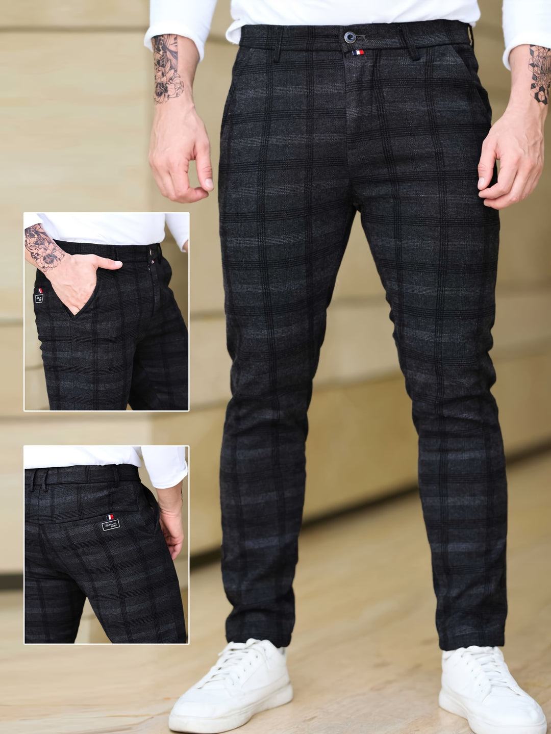 Men's Trousers | Slim-Fit Checkered | Stretch & Zipper Pockets | Trendy & Casual