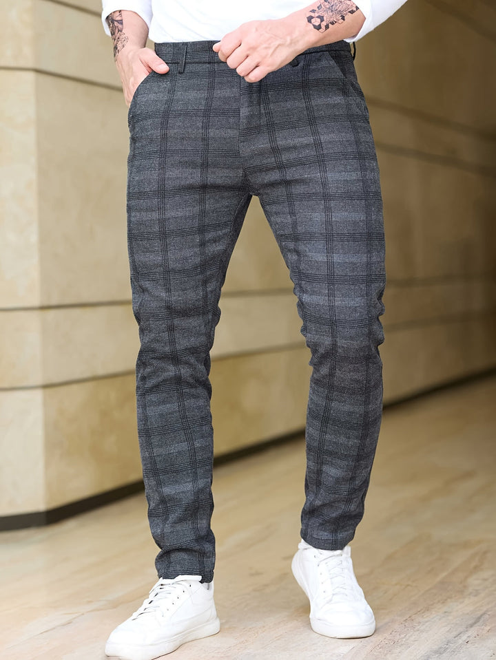 Men's Trousers | Slim-Fit Checkered | Stretch & Zipper Pockets | Trendy & Casual