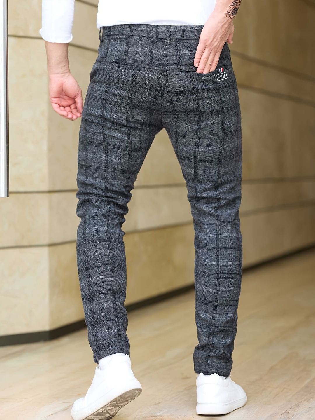 Men's Trousers | Slim-Fit Checkered | Stretch & Zipper Pockets | Trendy & Casual