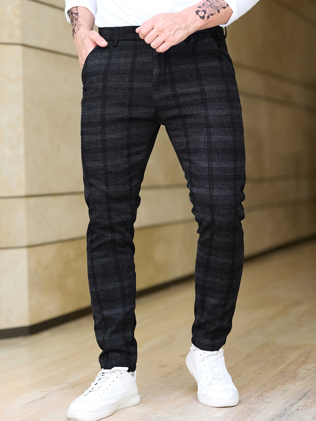 Men's Trousers | Slim-Fit Checkered | Stretch & Zipper Pockets | Trendy & Casual