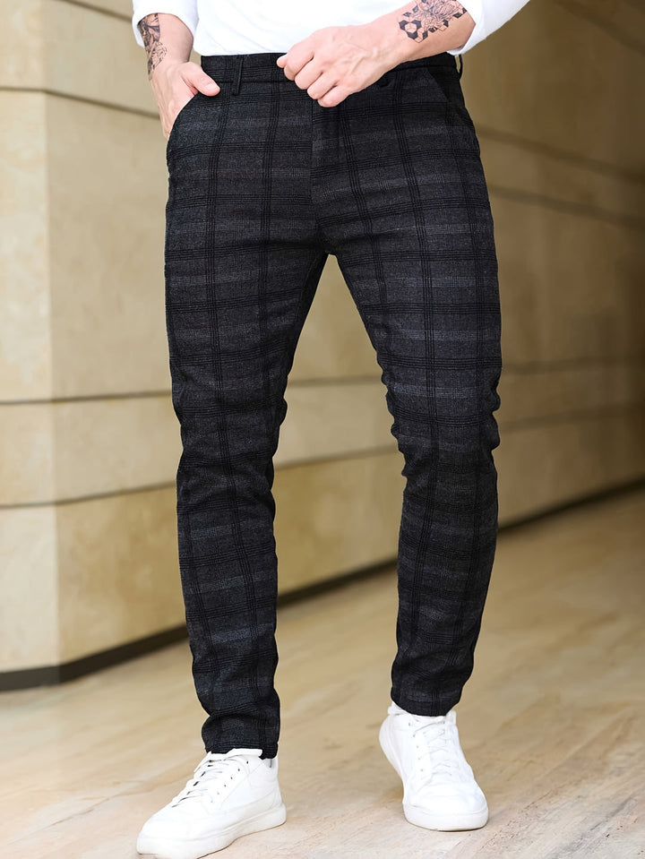 Men's Trousers | Slim-Fit Checkered | Stretch & Zipper Pockets | Trendy & Casual