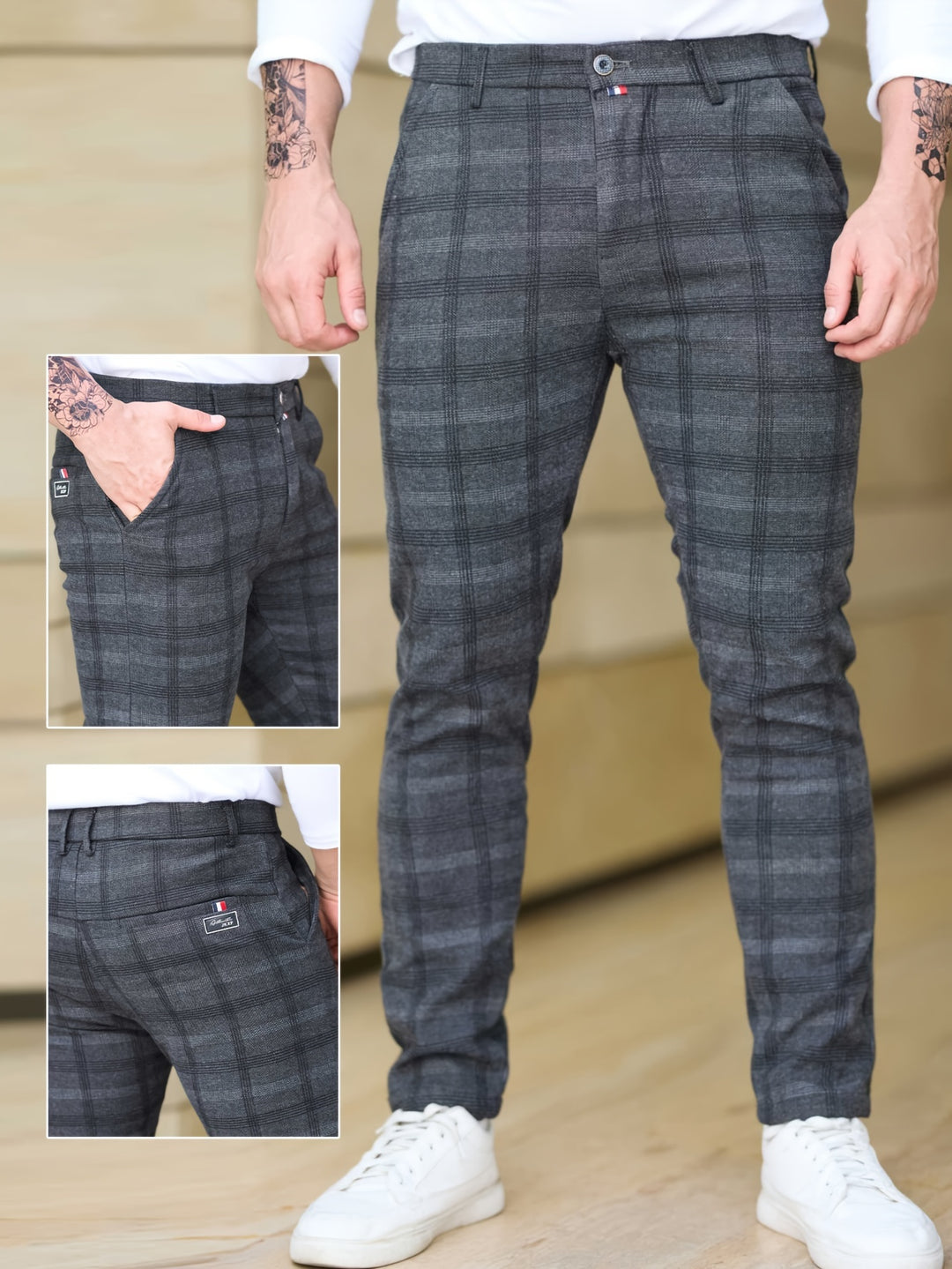 Men's Trousers | Slim-Fit Checkered | Stretch & Zipper Pockets | Trendy & Casual