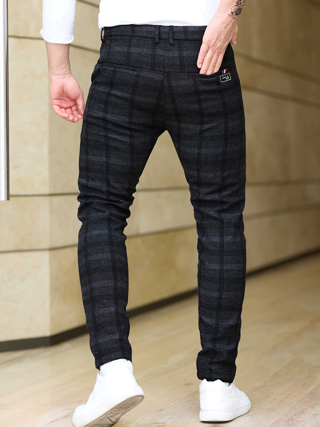 Men's Trousers | Slim-Fit Checkered | Stretch & Zipper Pockets | Trendy & Casual