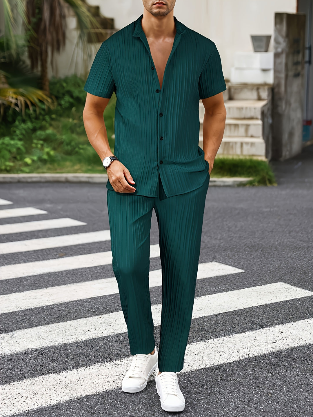 Men's Two-Piece Set | Textured Wave Stripe | Short Sleeve & Long Trousers | Trendy & Casual