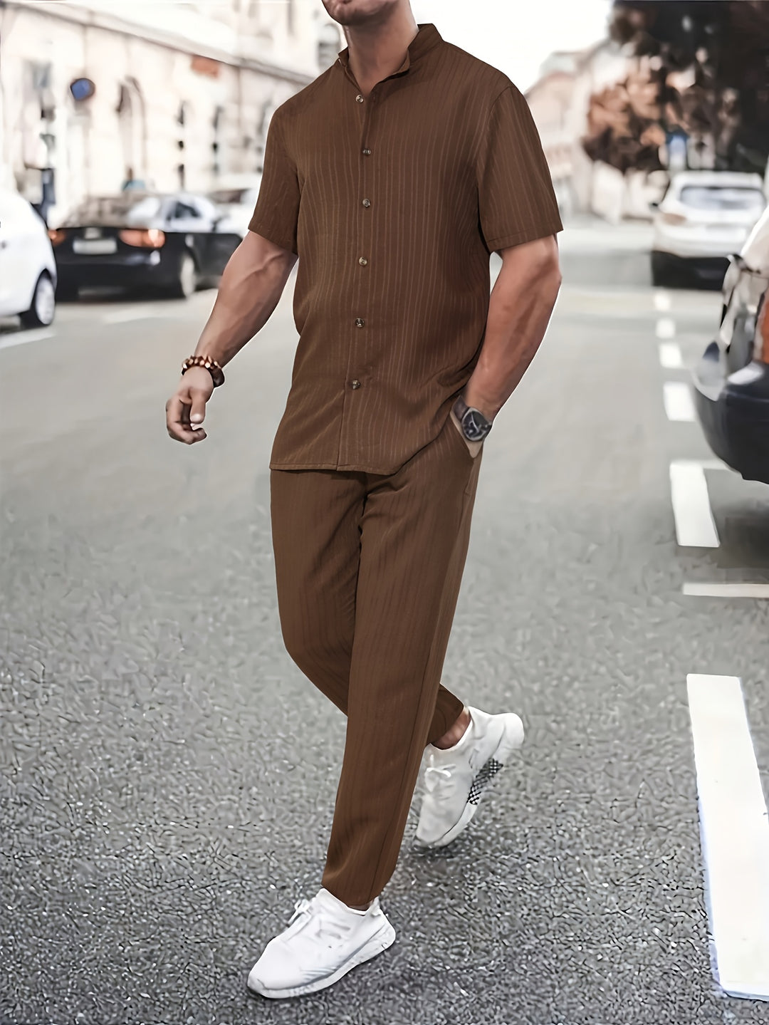 Men's Two-Piece Set | Textured Wave Stripe | Short Sleeve & Long Trousers | Trendy & Casual
