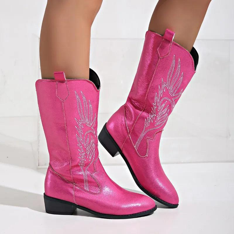 Slip-on riding boots for women | autumn & winter | thick sole | pointed toe | embroidered details
