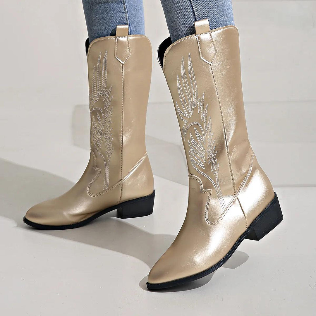 Slip-on riding boots for women | autumn & winter | thick sole | pointed toe | embroidered details