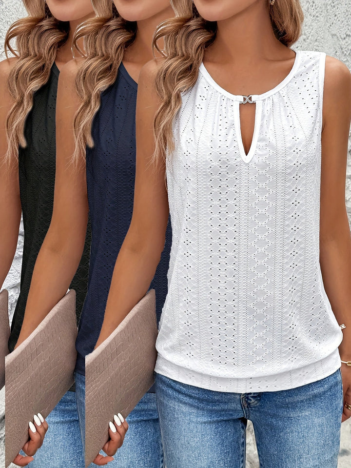 Tank tops for women | 3-pack with embroidery details & keyhole | summer & sleeveless design