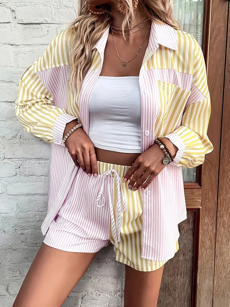 Women Set | Striped Blouse & Shorts | Airy & Casual Style | Polyester Summer Outfit