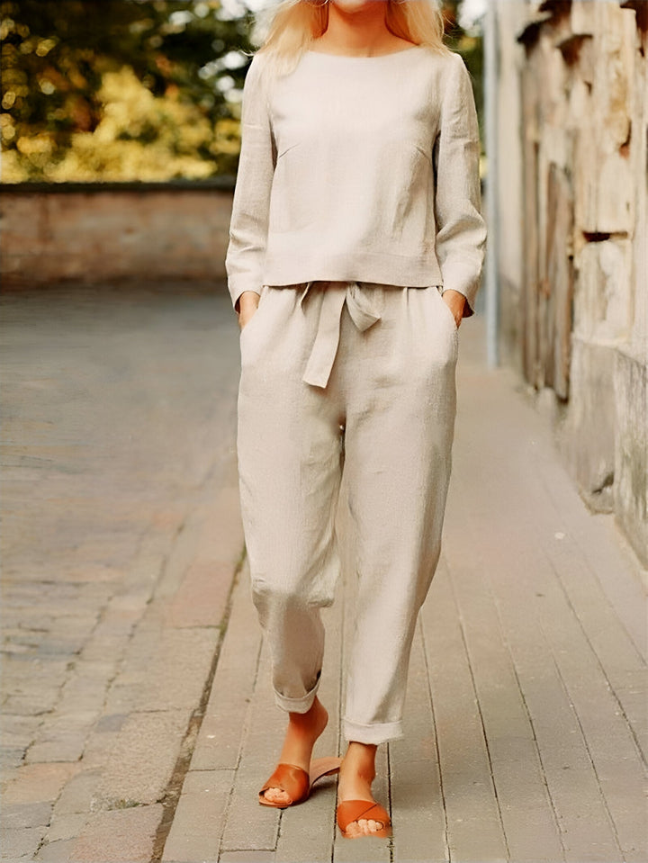 Women set | Vintage Top & Wide Leg Trousers | Cotton Linen & Boho Style | Two-Piece Summer Outfit