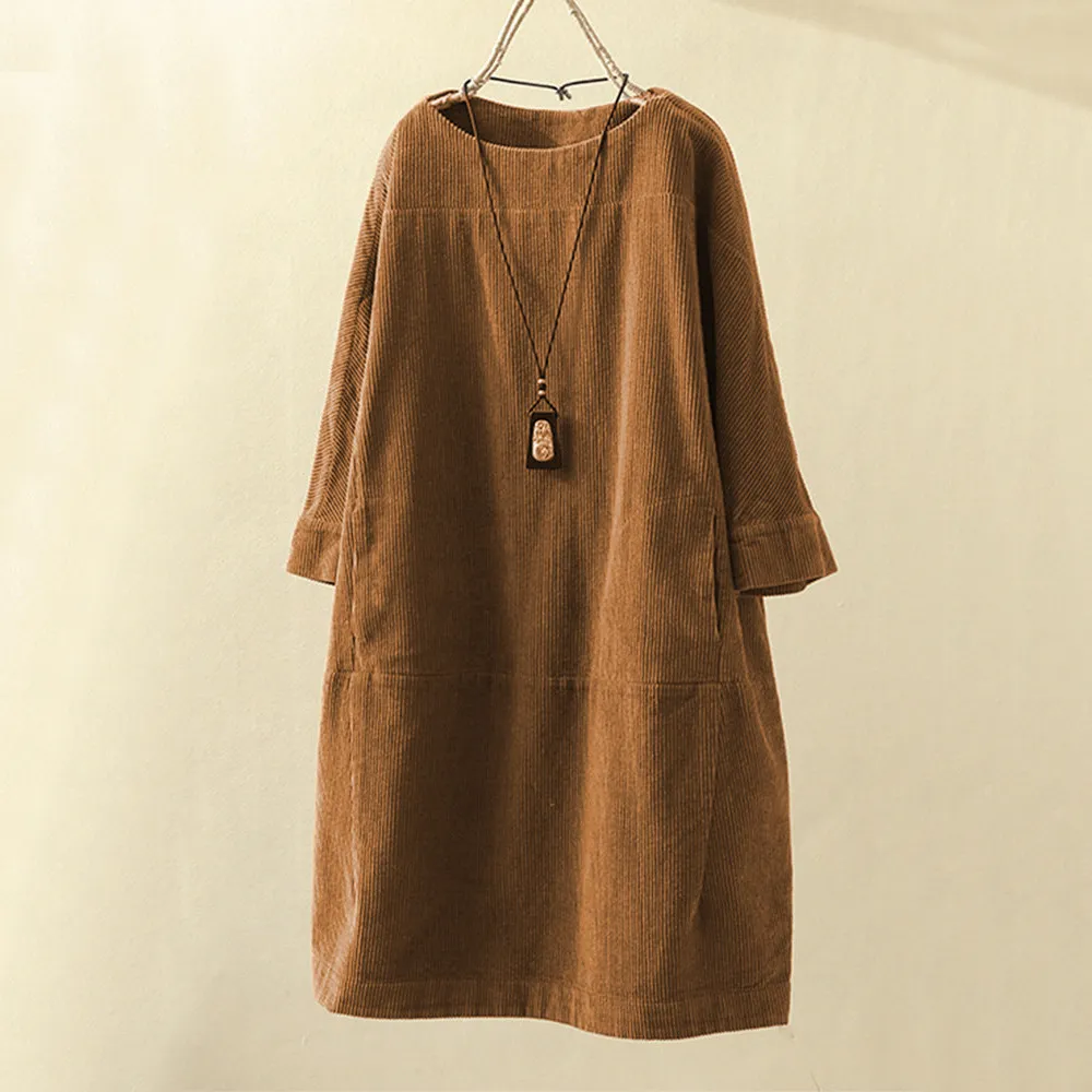 Women's Dress | Vintage Style & Solid Colour | Loose Tunic with Round Neck | Relaxed Look