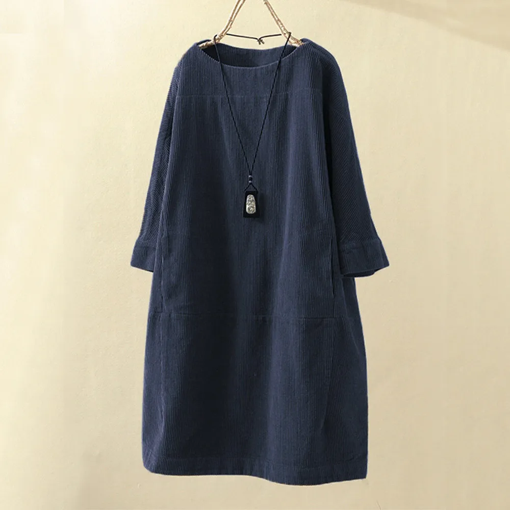 Women's Dress | Vintage Style & Solid Colour | Loose Tunic with Round Neck | Relaxed Look
