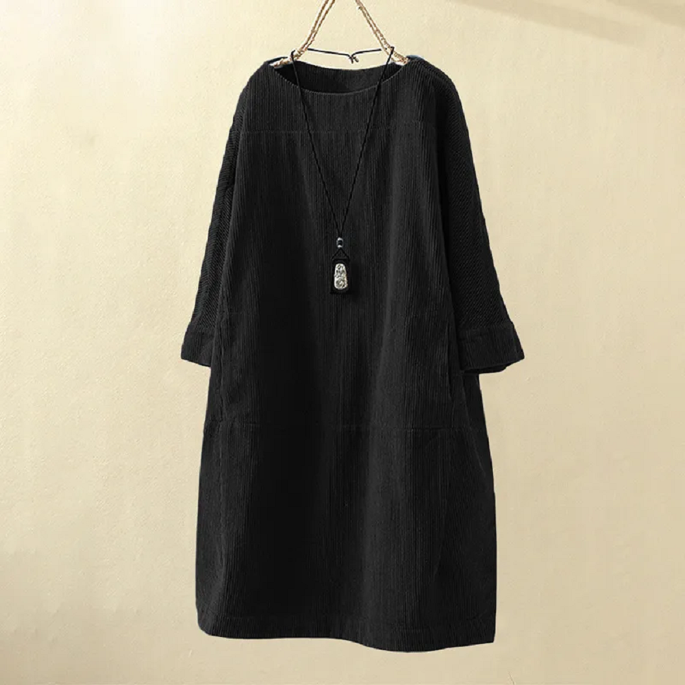 Women's Dress | Vintage Style & Solid Colour | Loose Tunic with Round Neck | Relaxed Look