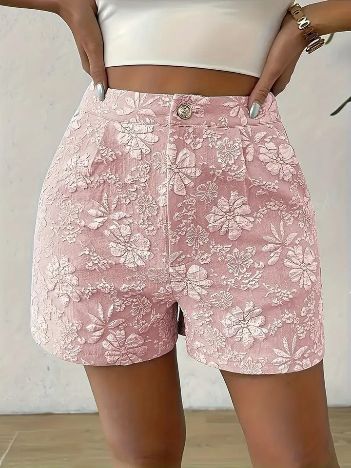 Women's Floral Jacquard Shorts | High Waist & A-Line | Elegant Ladies' Shorts