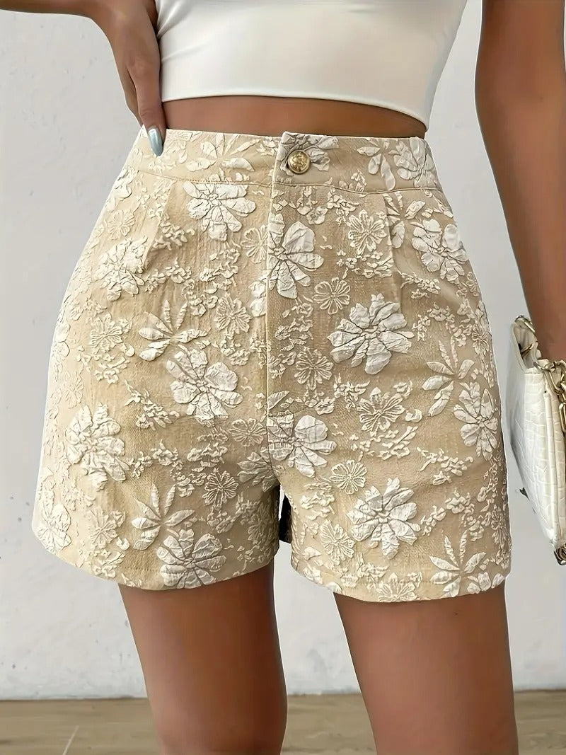 Women's Floral Jacquard Shorts | High Waist & A-Line | Elegant Ladies' Shorts