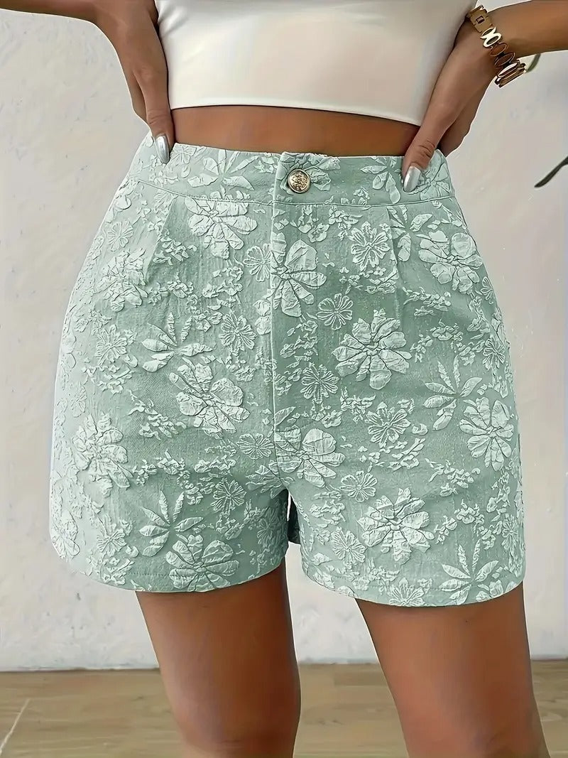 Women's Floral Jacquard Shorts | High Waist & A-Line | Elegant Ladies' Shorts
