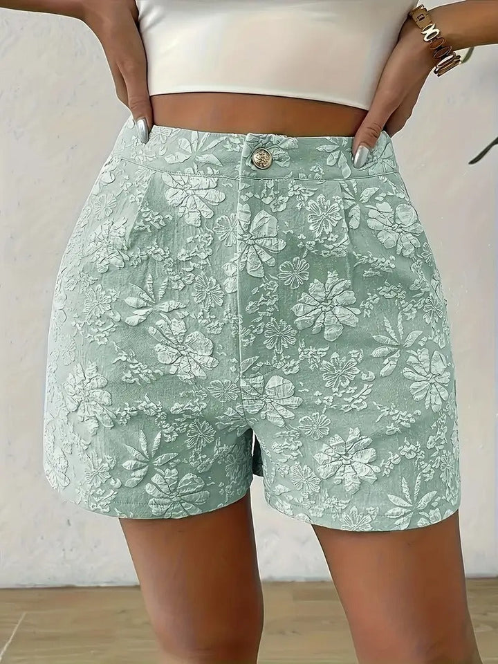 Women's Floral Jacquard Shorts | High Waist & A-Line | Elegant Ladies' Shorts