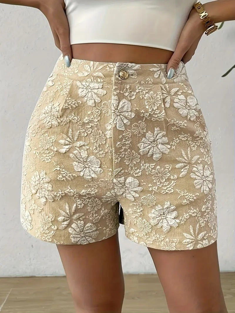 Women's Floral Jacquard Shorts | High Waist & A-Line | Elegant Ladies' Shorts