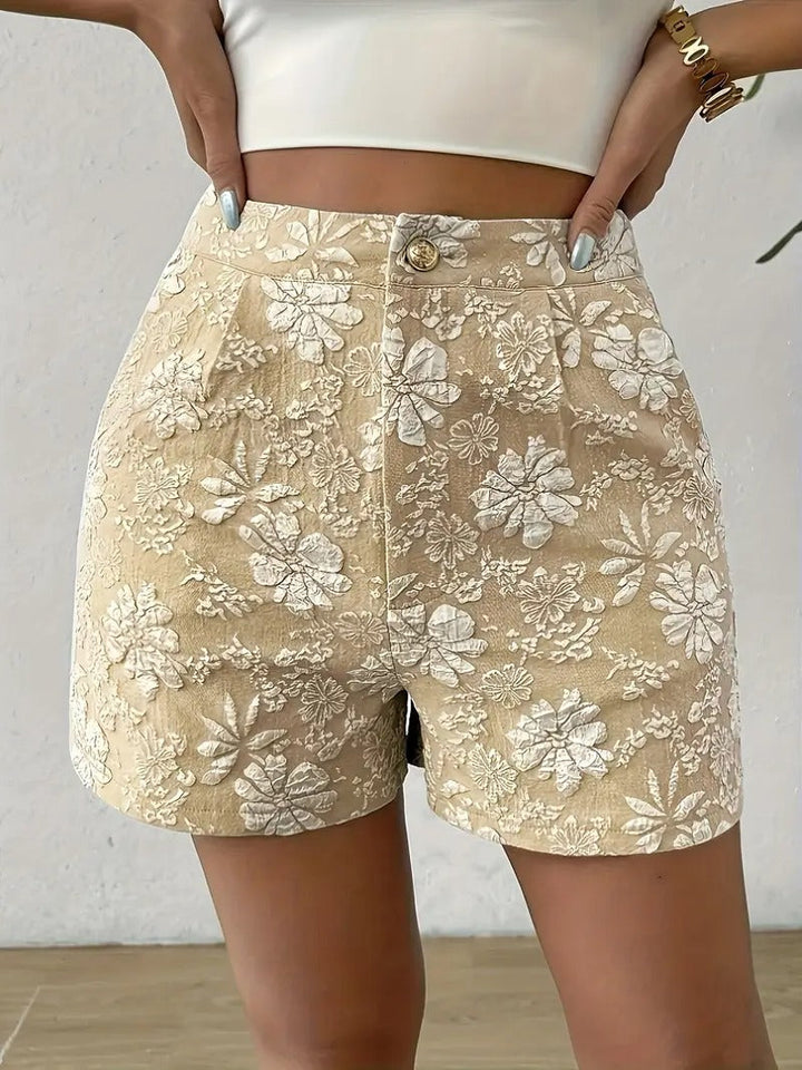 Women's Floral Jacquard Shorts | High Waist & A-Line | Elegant Ladies' Shorts