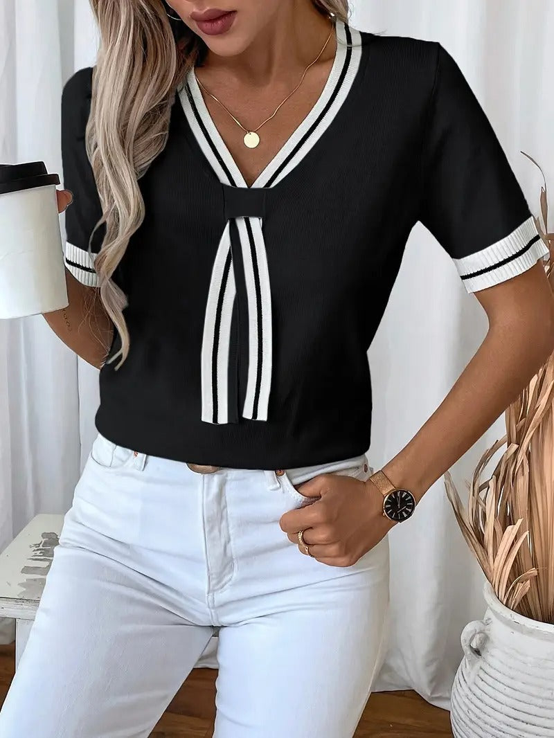 Women's Knitted Top with V-Neck | Elegant & Lightweight | Summer with Tie Detail