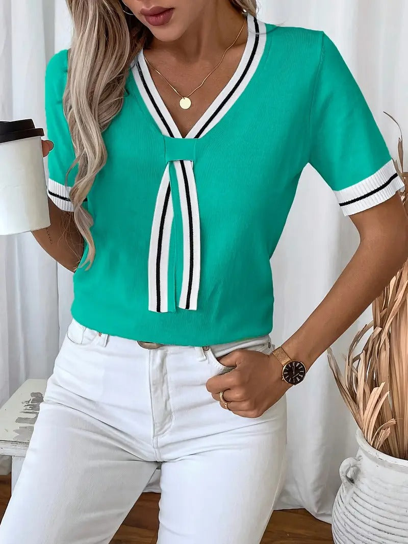 Women's Knitted Top with V-Neck | Elegant & Lightweight | Summer with Tie Detail