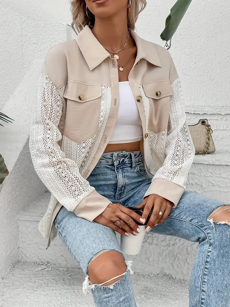 Women's Lace Trim Shirt | Drop Shoulder & Pockets | Long Sleeve & Button Closure