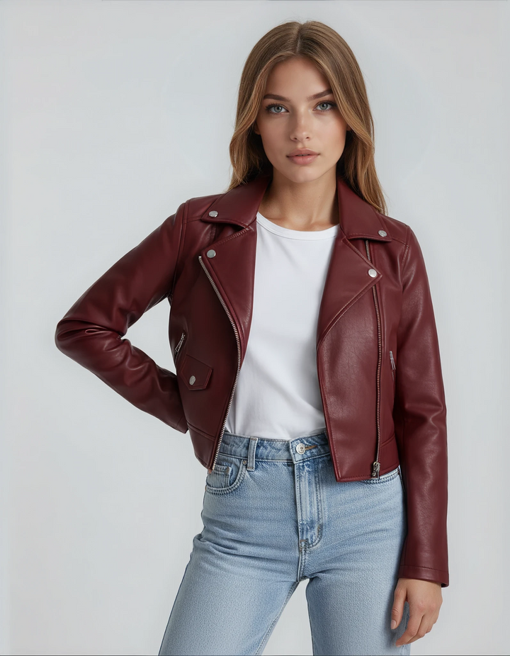 Women’s Leather Jacket | Short & Edgy | Low Collar | Zip & Biker Style