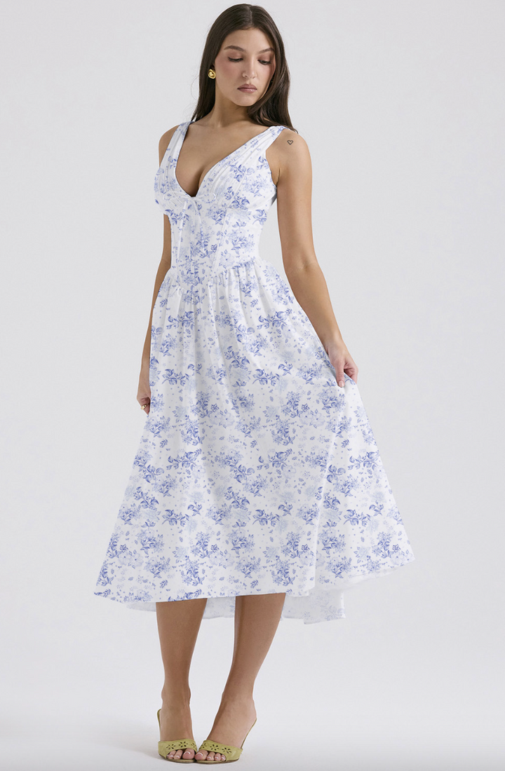 Women’s Midi Dress | Boho Floral Pattern & V-Neck | Sleeveless A-Line | Summer