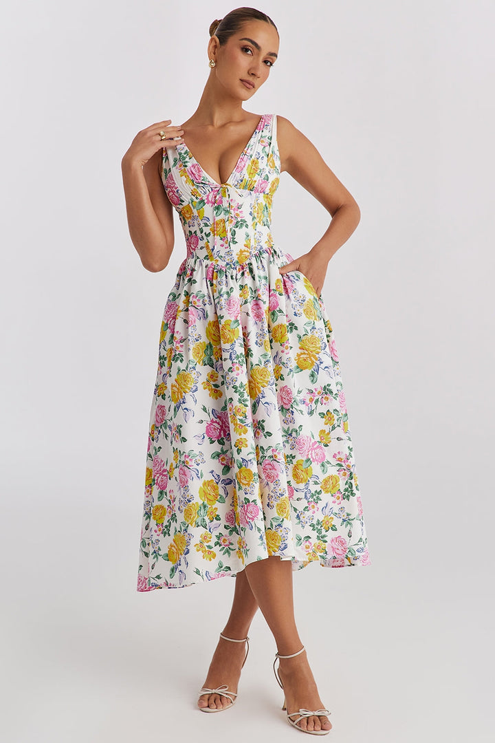 Women’s Midi Dress | Boho Floral Pattern & V-Neck | Sleeveless A-Line | Summer