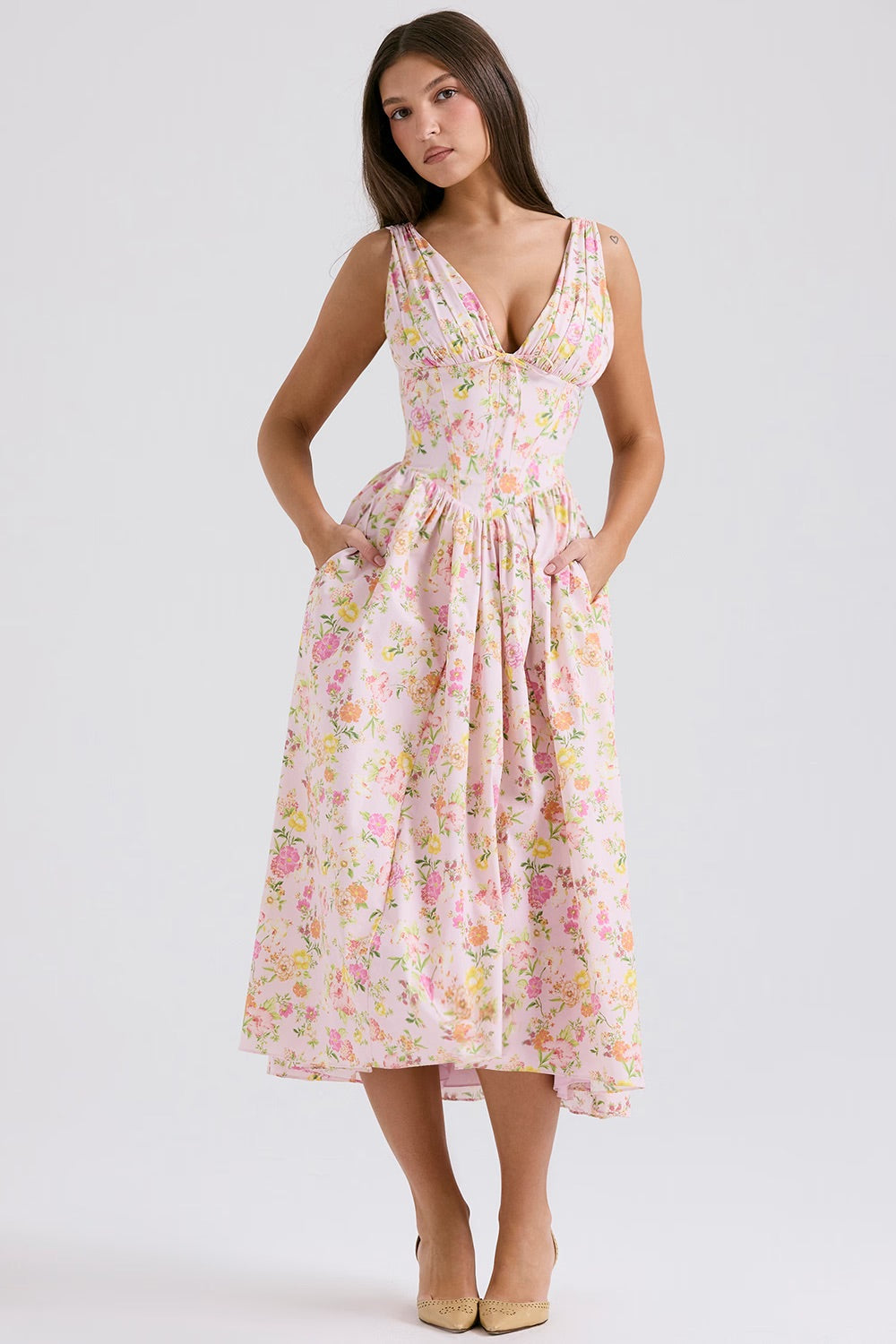 Women’s Midi Dress | Boho Floral Pattern & V-Neck | Sleeveless A-Line | Summer