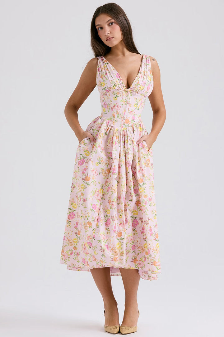 Women’s Midi Dress | Boho Floral Pattern & V-Neck | Sleeveless A-Line | Summer