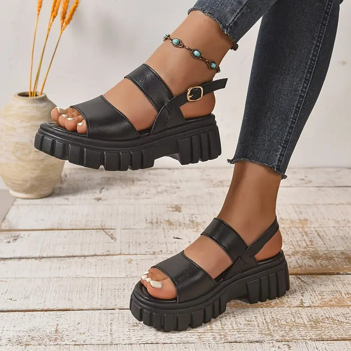 Women's Sandals | Platform & Buckle | Thick Sole & Open Toe | Synthetic Leather